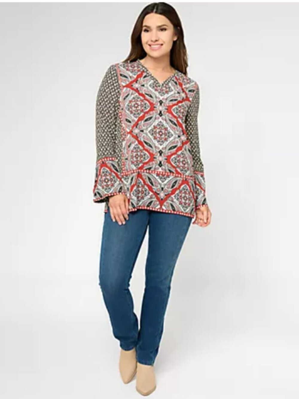 Belle Boho by Kim Gravel Border Print V-Neck Tunic - Black/White/Red - 2X EUC - Picture 9 of 10